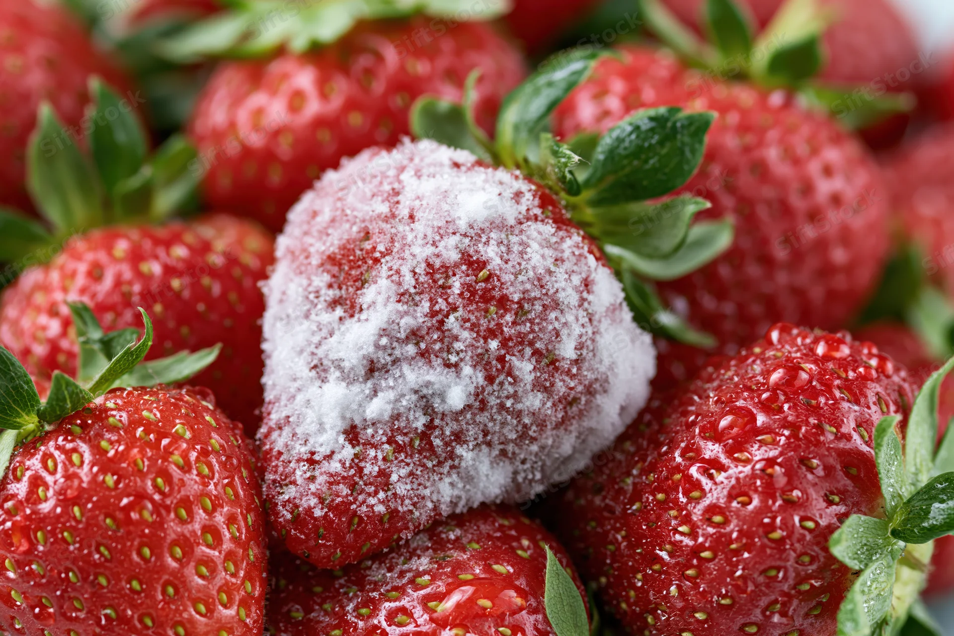 Close-up of a pile of fresh red strawberries with one coated in powdered sugar