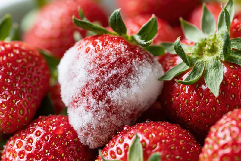 Close-up of a pile of fresh red strawberries with one frosted in ice