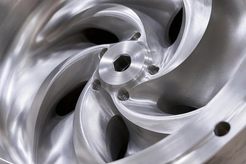 Close-up of a precision-machined metal impeller with curved blades and spiral design
