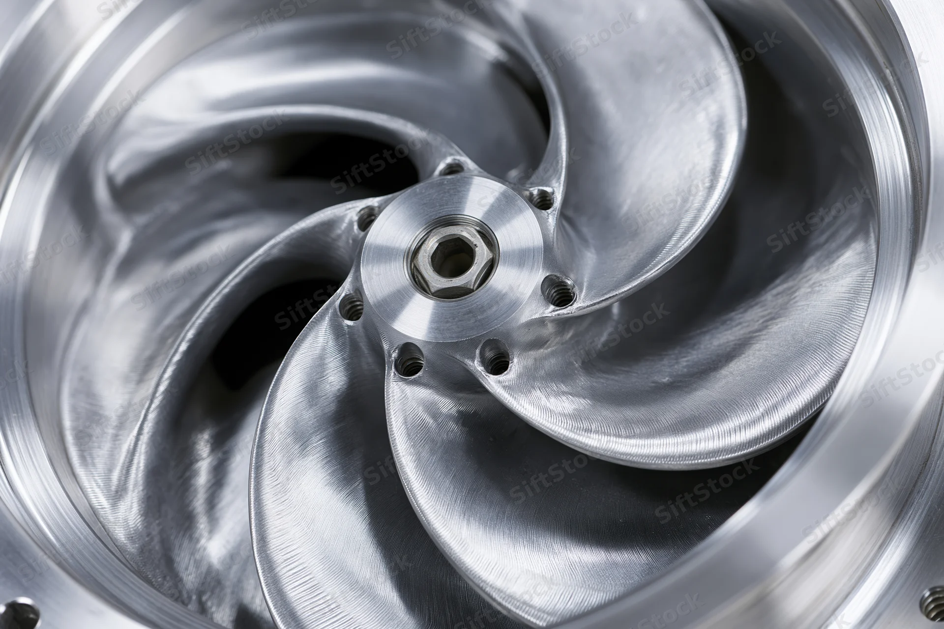 Close-up of a precision-machined metal impeller with curved blades and central shaft