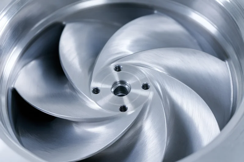 Close-up of a precision-machined metal impeller with curved blades inside a cylindrical housing