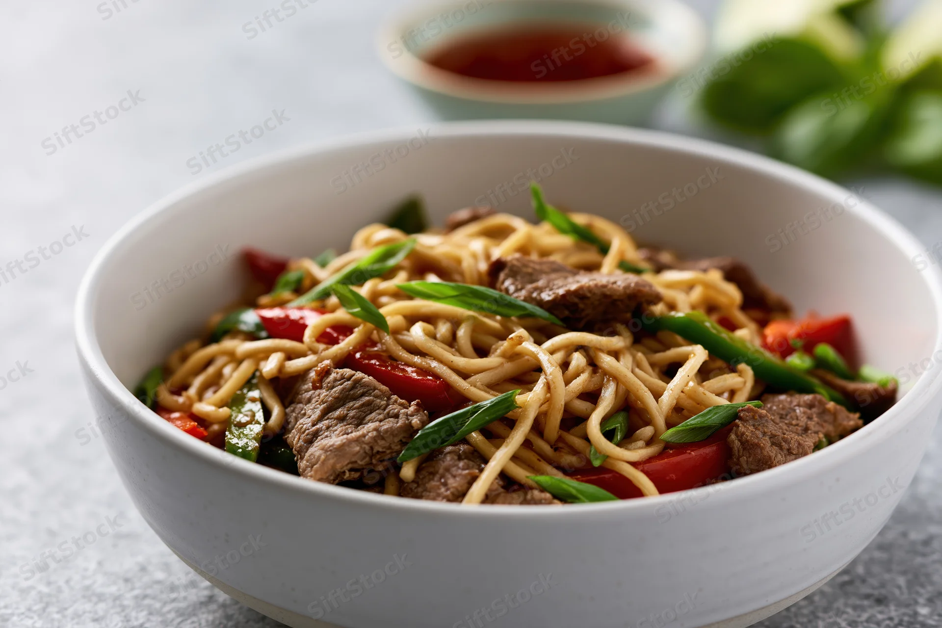 Stir-fried noodles with beef and vegetables in a white ceramic bowl on a gray surface