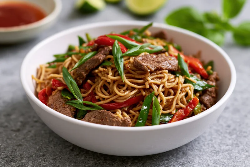 Stir-fried noodles with beef and vegetables in a white bowl on a gray surface