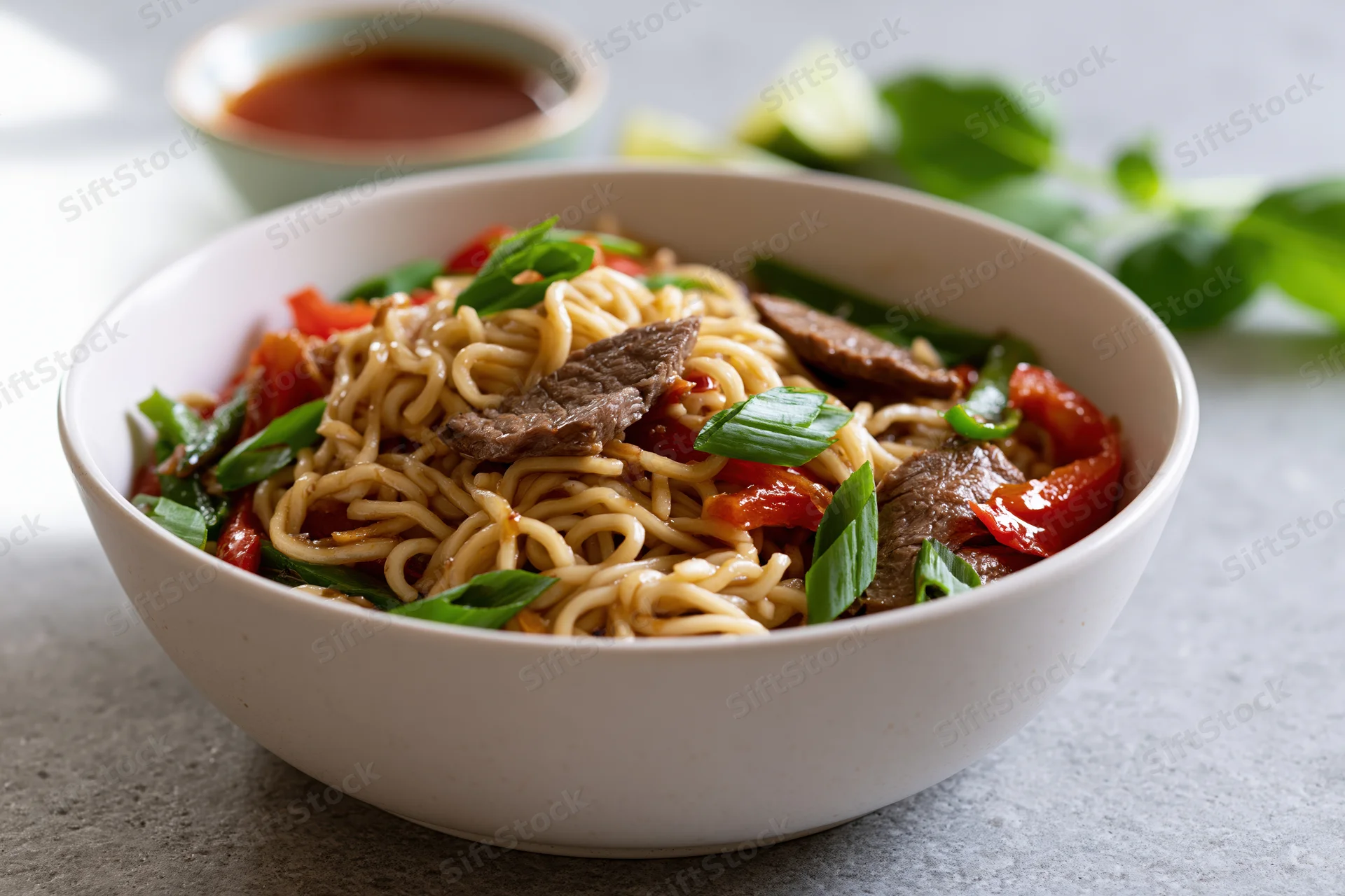Stir-fried noodles with beef and vegetables in a white ceramic bowl on a gray countertop