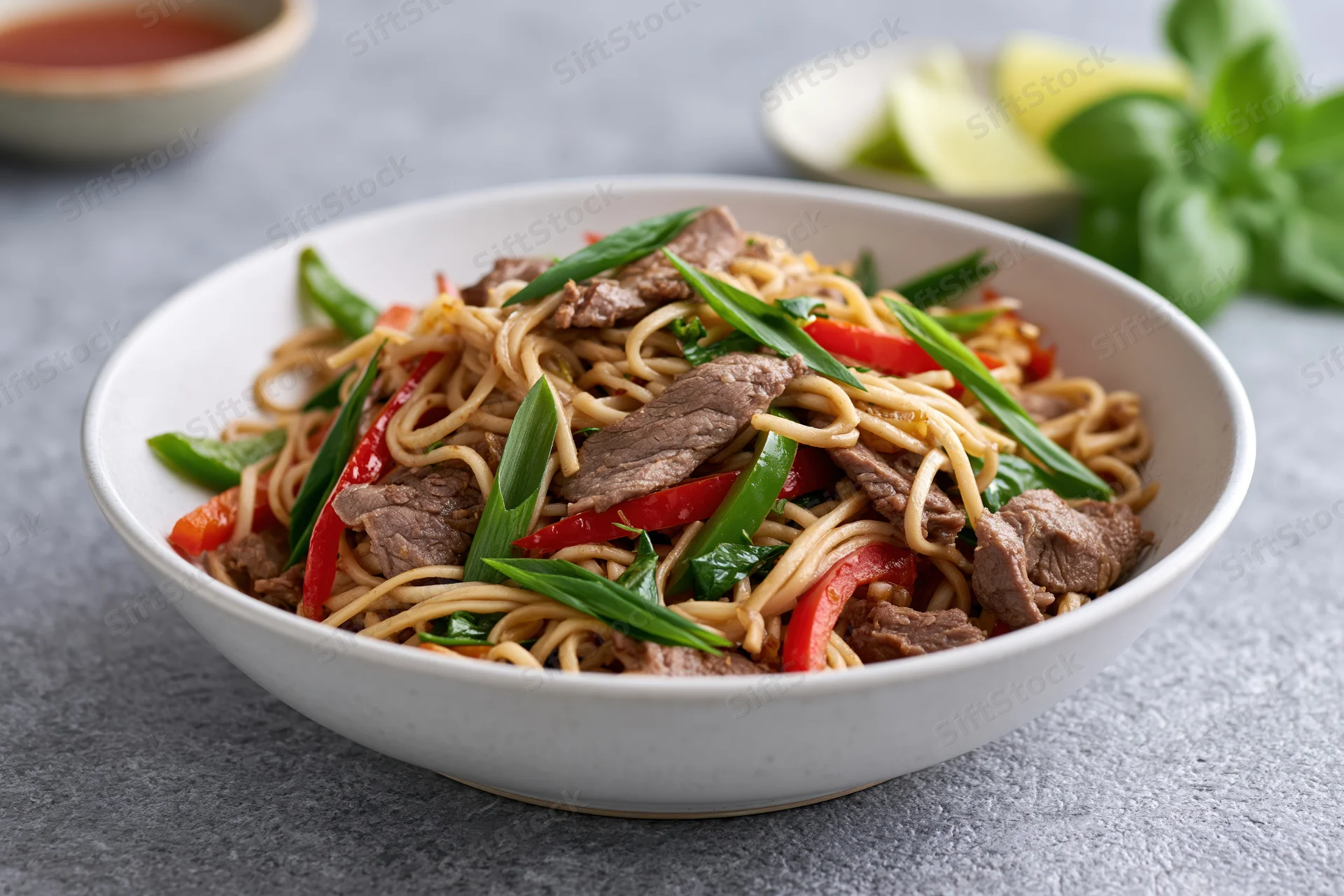 Stir-fried noodles with beef and vegetables in a white ceramic bowl on a gray surface