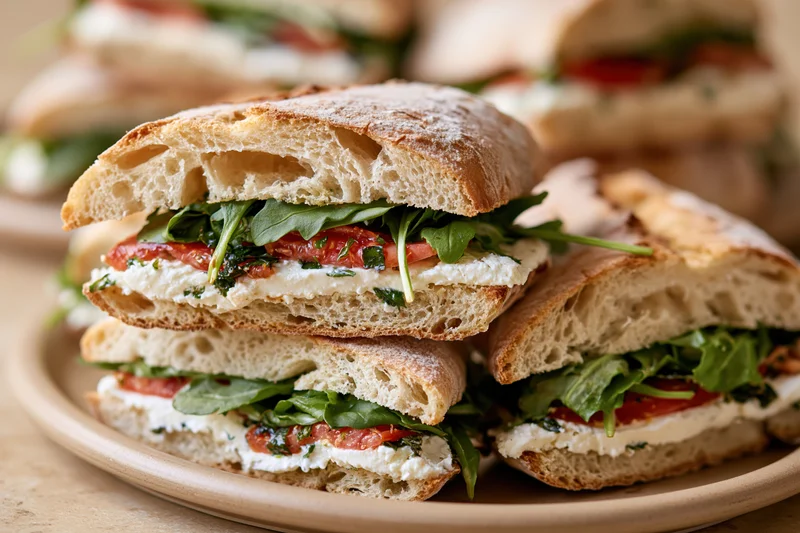 Halved ciabatta sandwiches stacked on a round plate with cheese, tomato, and arugula