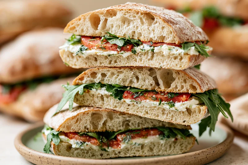 Three halved ciabatta sandwiches stacked on a round plate with tomato, arugula and cheese filling