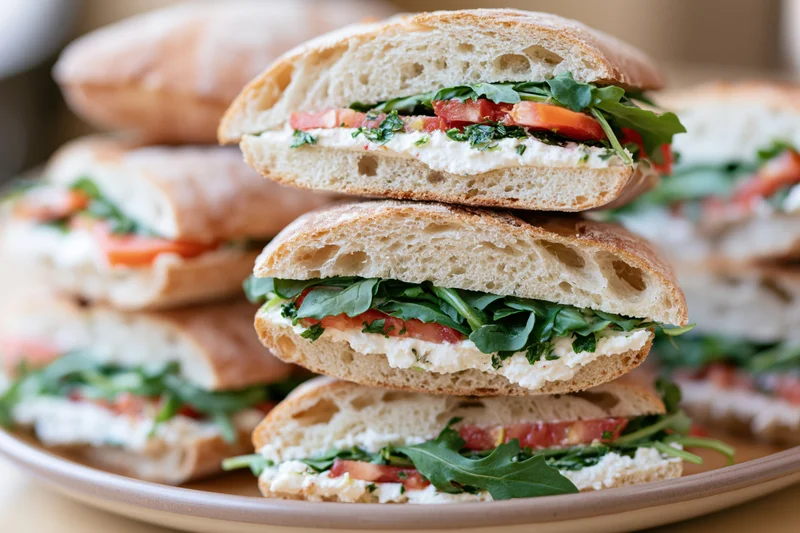 Halved ciabatta sandwiches stacked on a plate with tomato, arugula and cheese filling