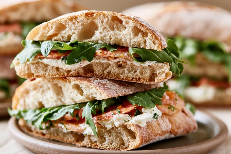 Halved ciabatta sandwiches stacked on a round plate with arugula, salmon and cream cheese filling
