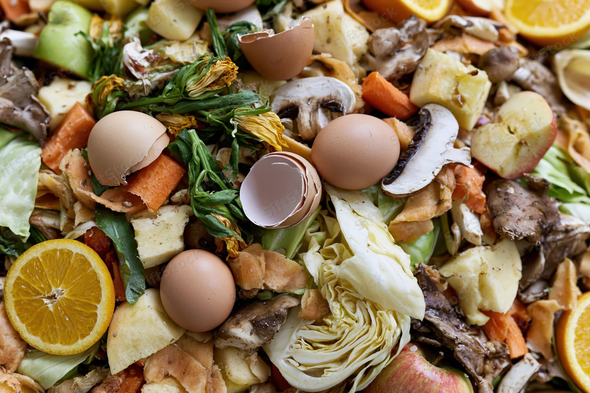 Close-up overhead view of mixed food scraps including eggshells, vegetable peels, fruit rinds, and bread scraps piled together