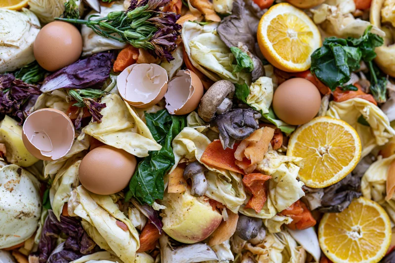 Close-up overhead view of mixed food scraps and kitchen waste piled together