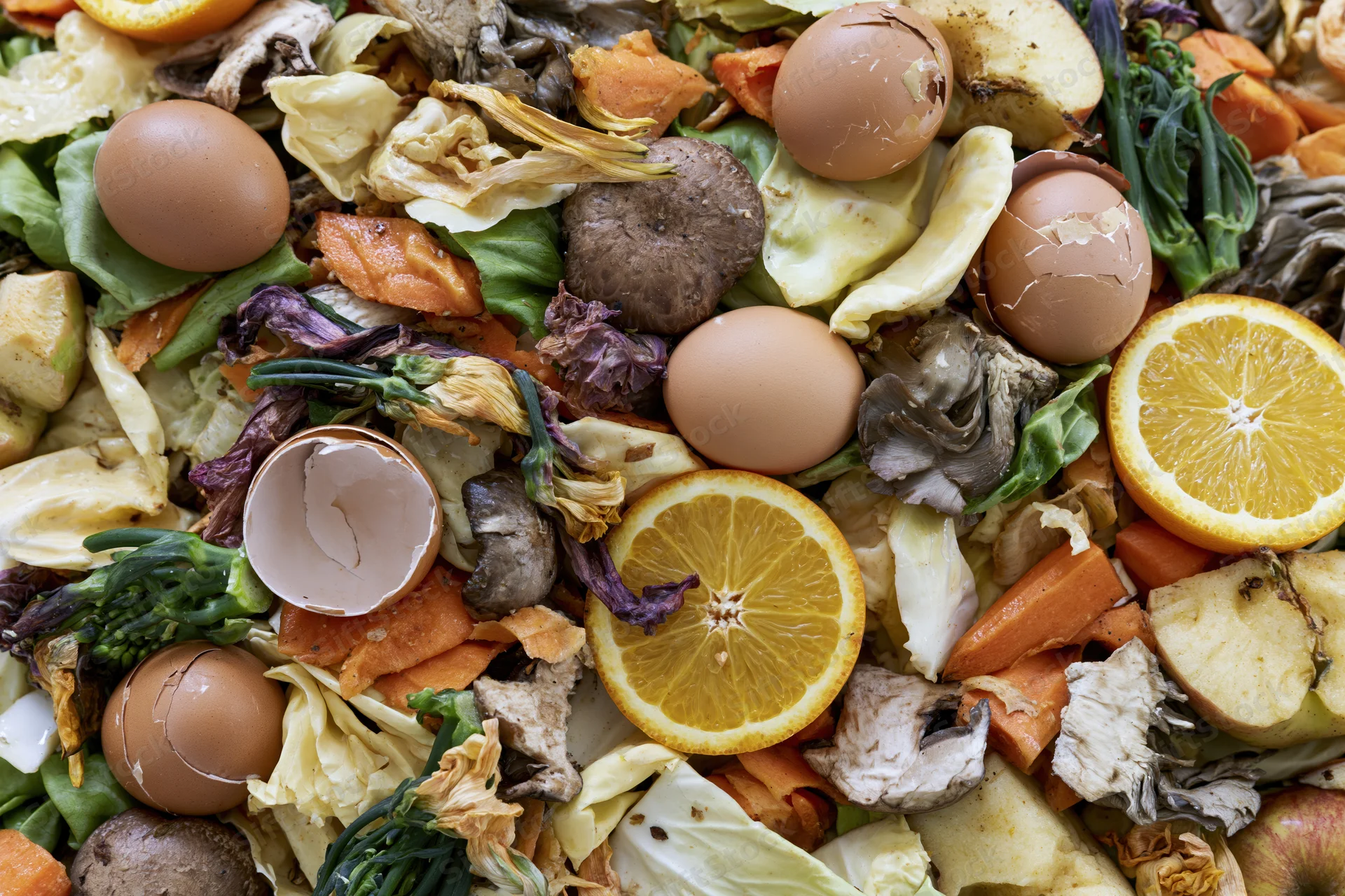 Close-up overhead view of mixed food scraps including eggshells, citrus slices, vegetable peels and fruit rinds
