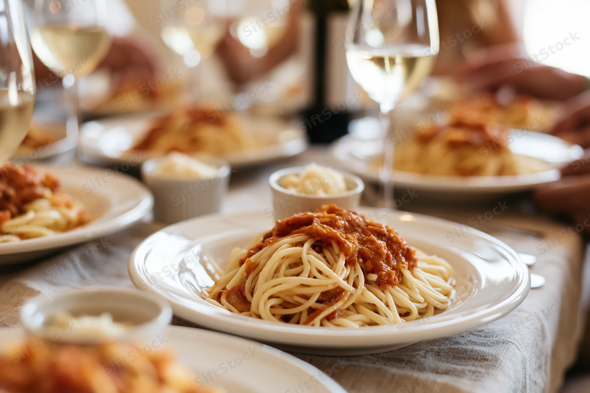 Spaghetti with tomato sauce on white plates at a dinner table with wine glasses and hands reaching in the background