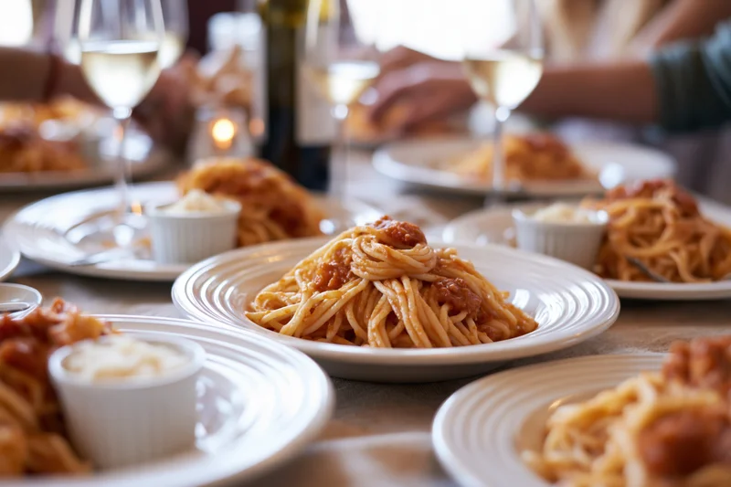 Plates of spaghetti with meatballs and wine glasses on a dinner table during a social gathering