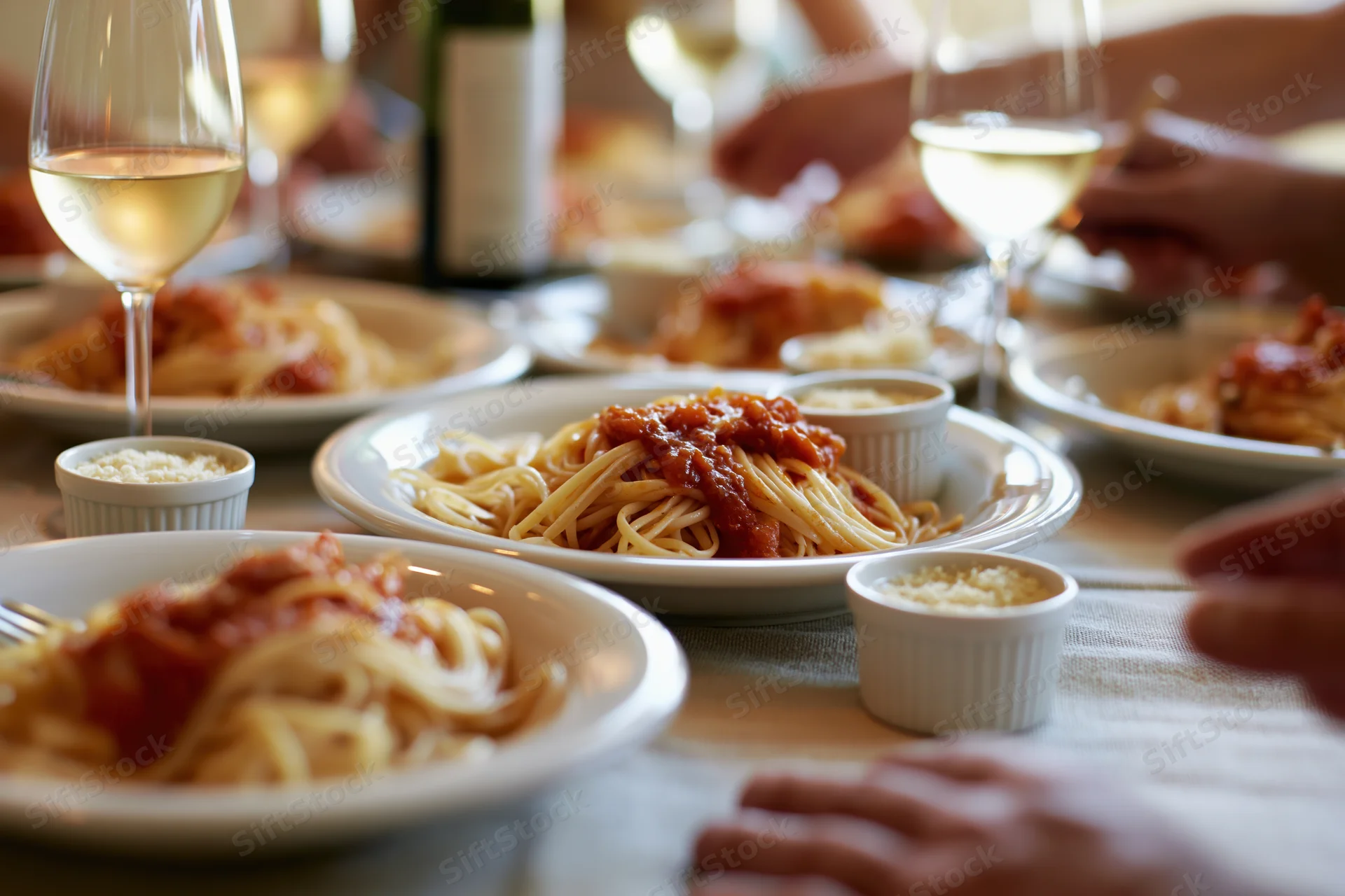 Plates of spaghetti with tomato sauce and white wine on a dinner table with hands reaching in