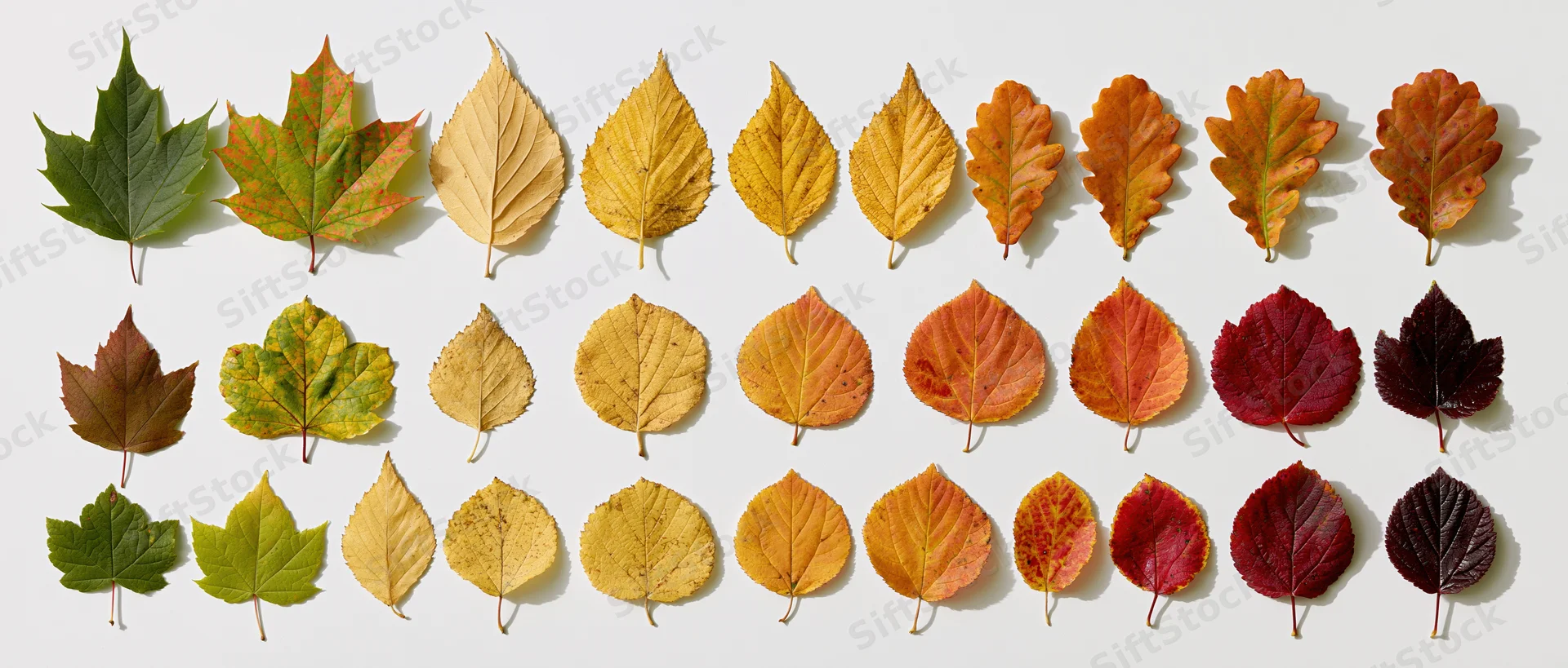 Twenty autumn leaves arranged in three rows on white background