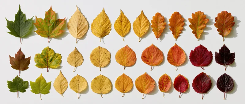 Twenty autumn leaves arranged in three rows on white background