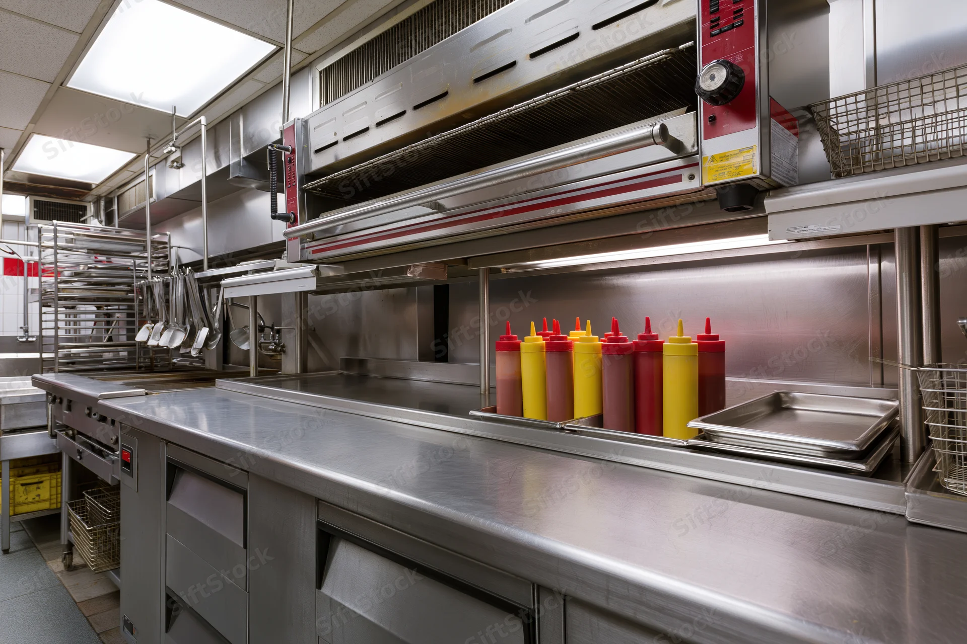Stainless steel commercial kitchen prep line with condiment bottles and cooking equipment