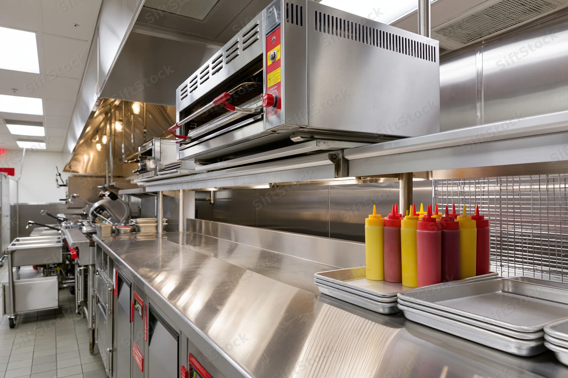 Stainless steel commercial kitchen prep line with condiment bottles and trays on counter