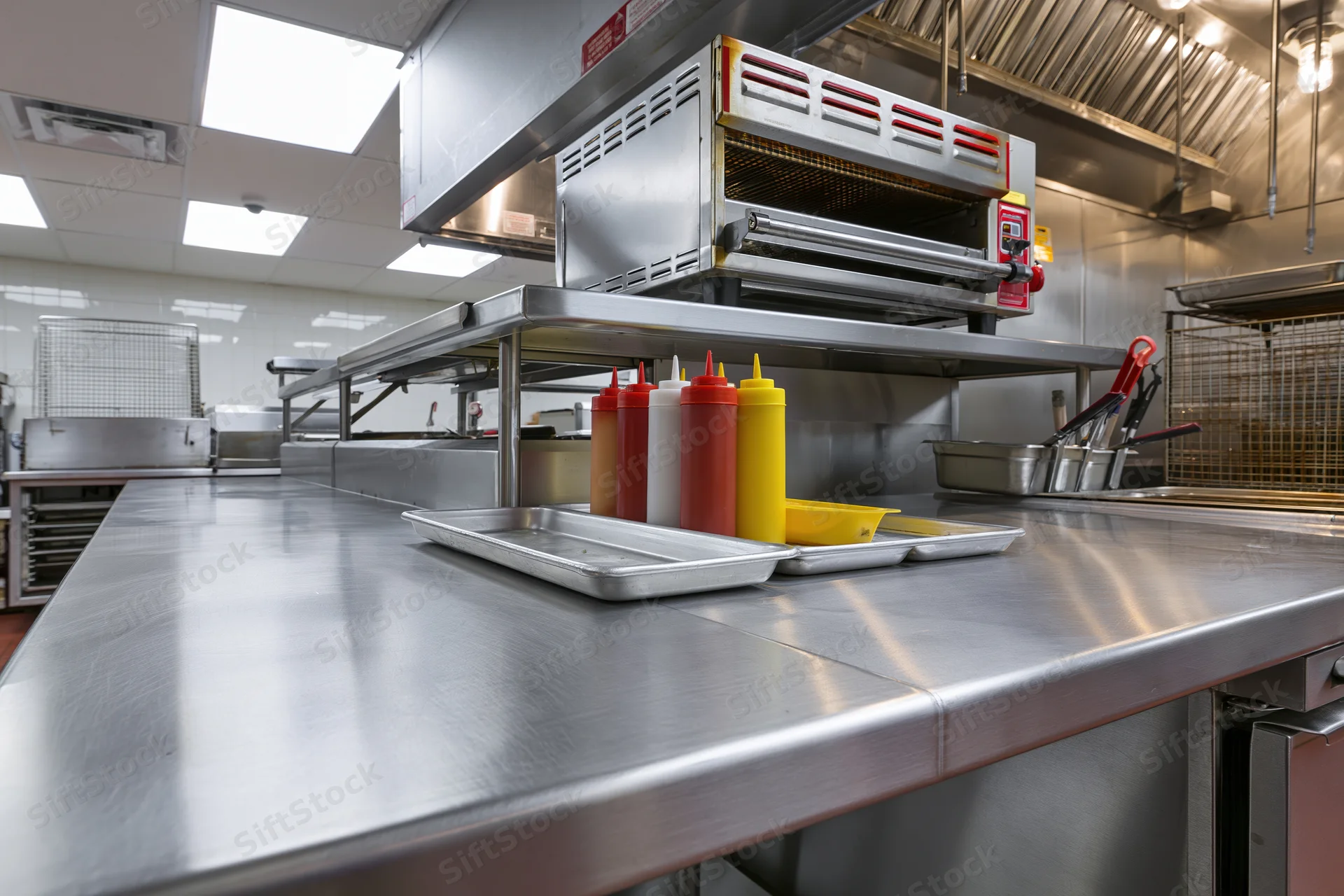 Stainless steel prep counter with condiment bottles and cooking equipment in a commercial fast food kitchen