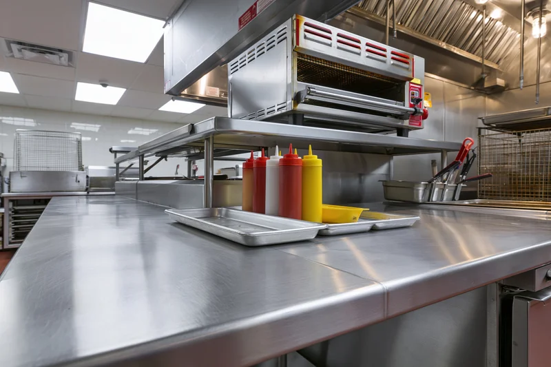 Stainless steel prep counter with condiment bottles and cooking equipment in a commercial fast food kitchen