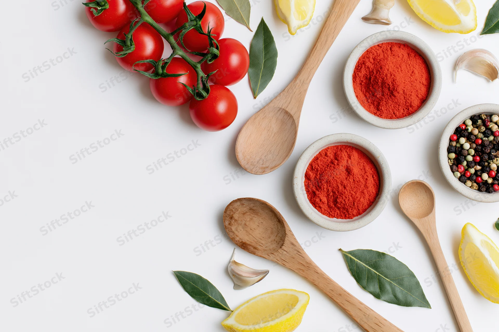 Cooking ingredients arranged as a flat lay border frame on a white surface with copyspace