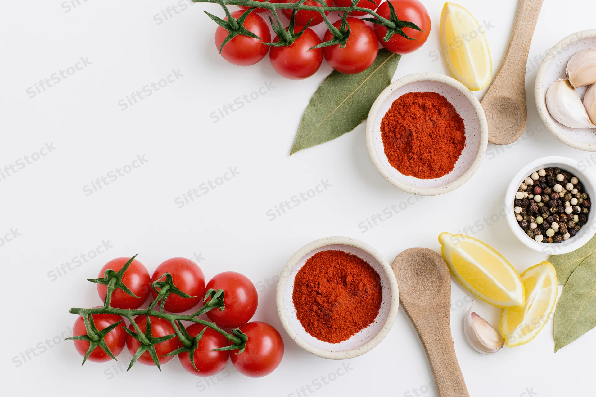 Fresh cooking ingredients arranged in a flat lay border frame on white surface