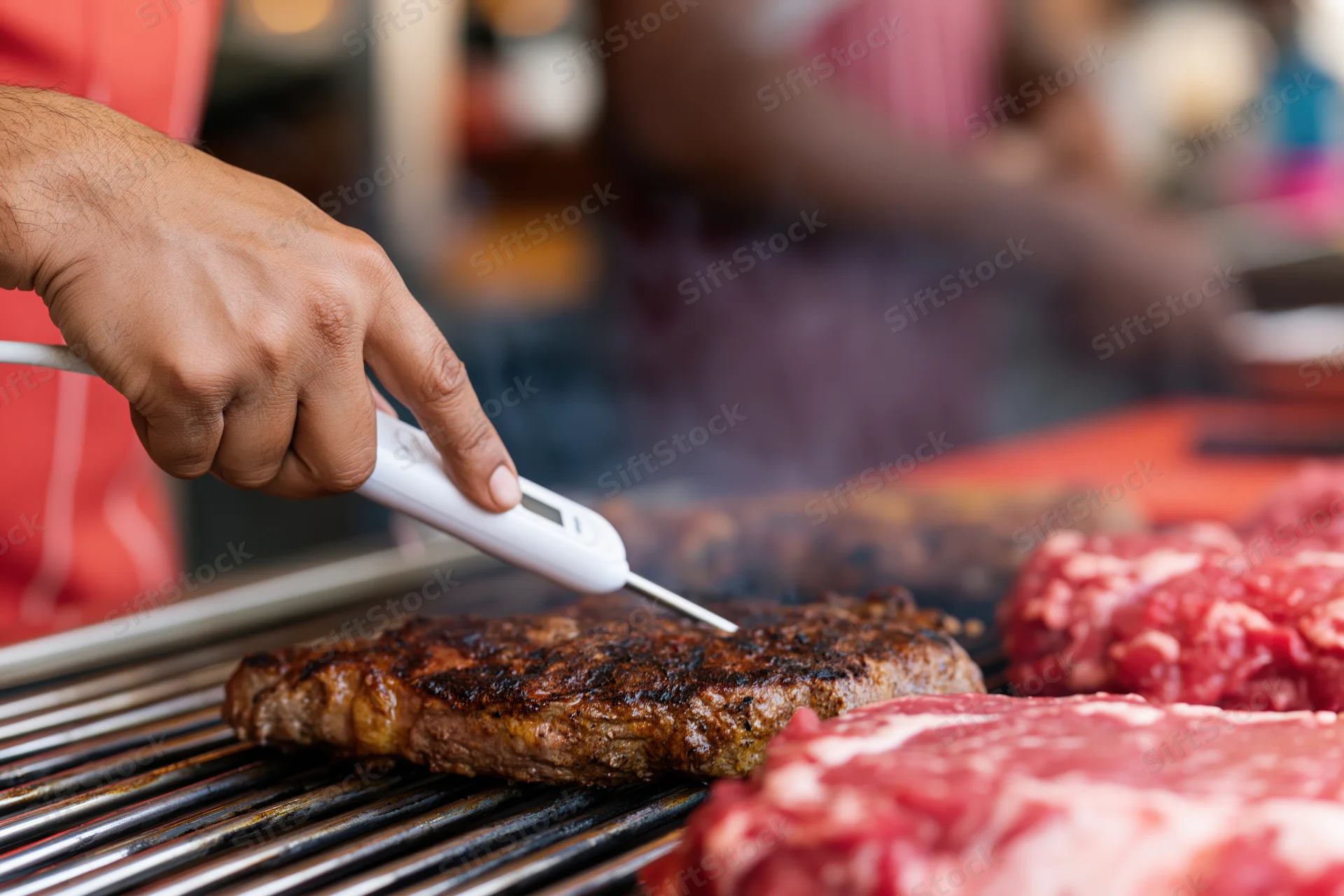 Hand inserting digital meat thermometer probe into grilled steak on barbecue grill