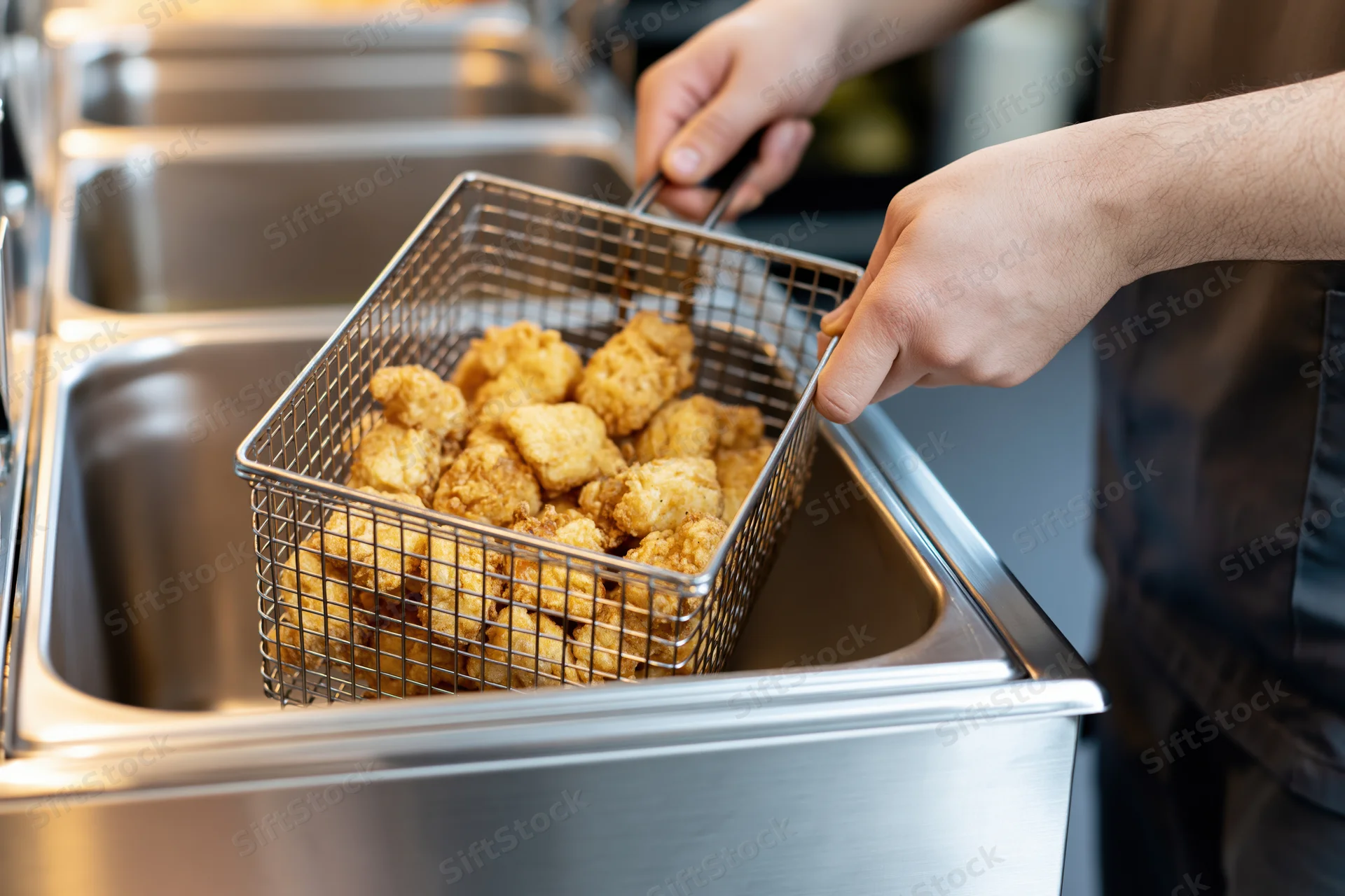 Cook lifting a wire fry basket filled with golden fried chicken in a commercial kitchen