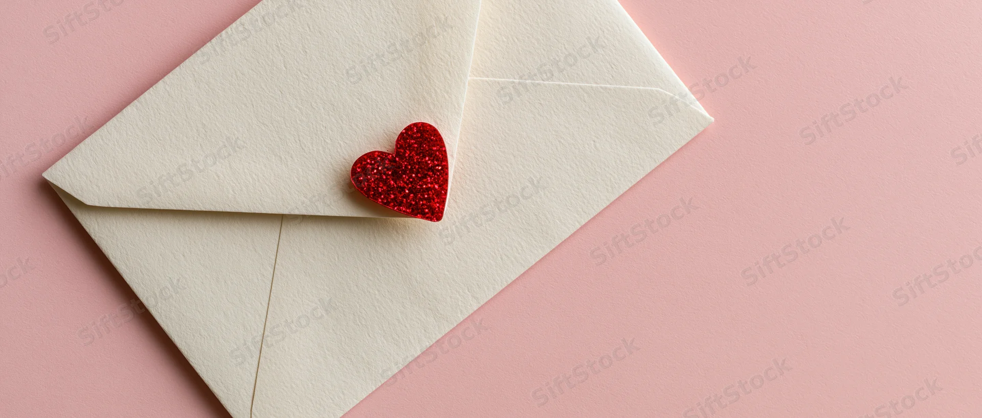 Cream paper envelope with red glitter heart on pink background