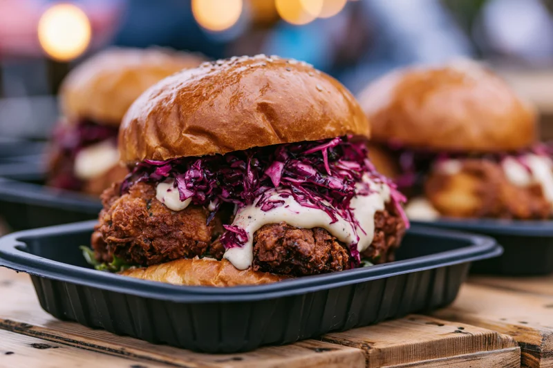 Crispy fried chicken sandwich in a glossy brioche bun with purple cabbage slaw and sauce served in a black plastic tray on a wooden table outdoors at evening