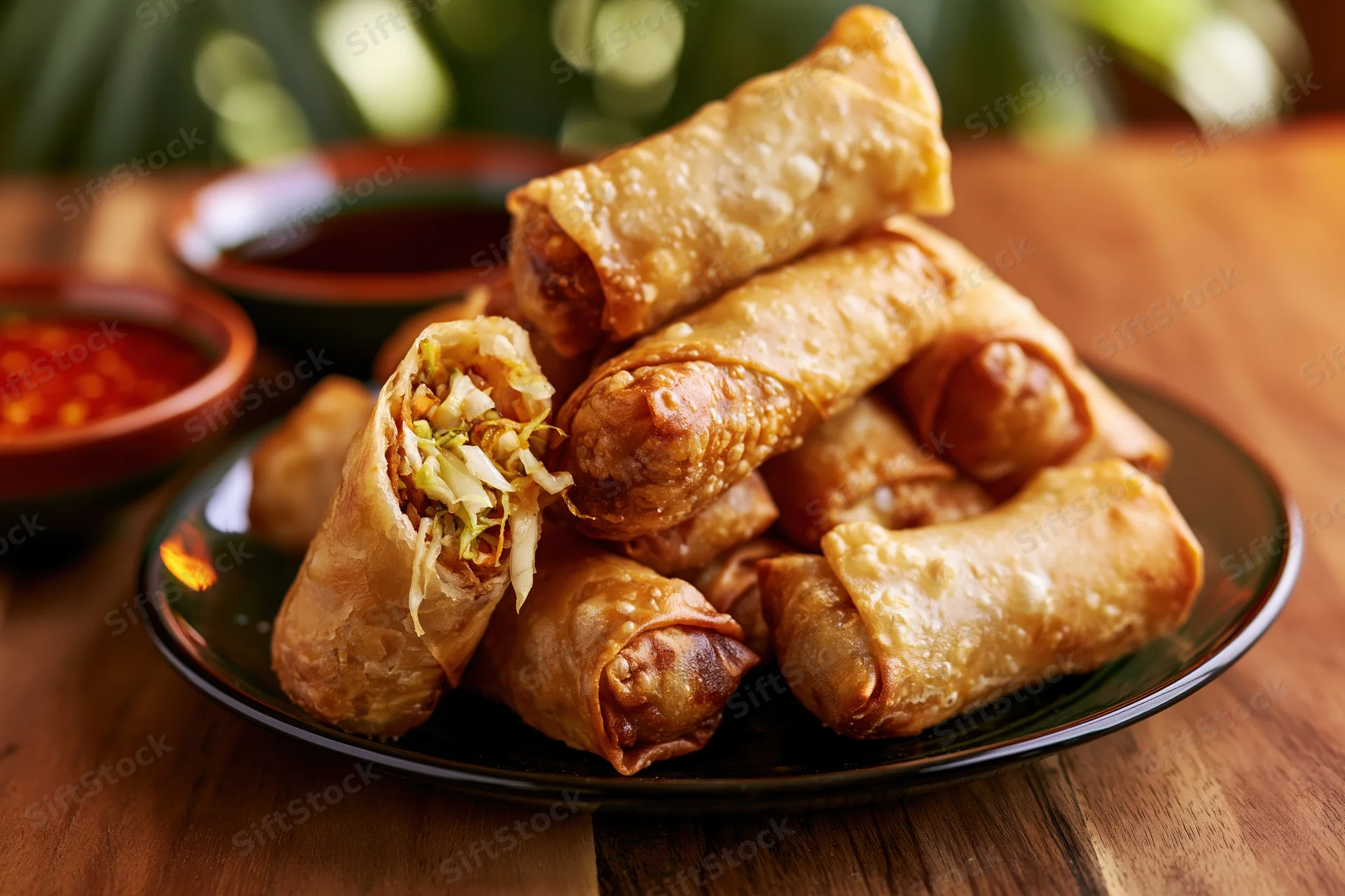 Crispy fried spring rolls piled on a dark glass plate with dipping sauces on a wooden table