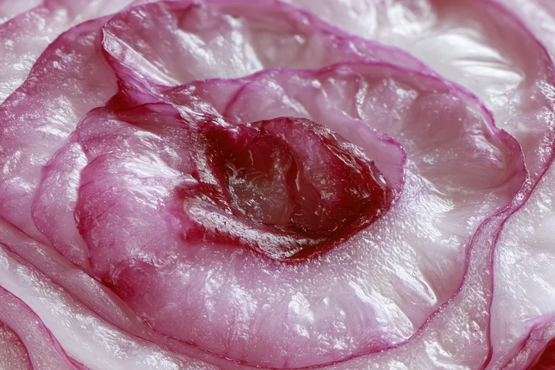 Closeup of a red onion sliced in half showing its layered cross-section