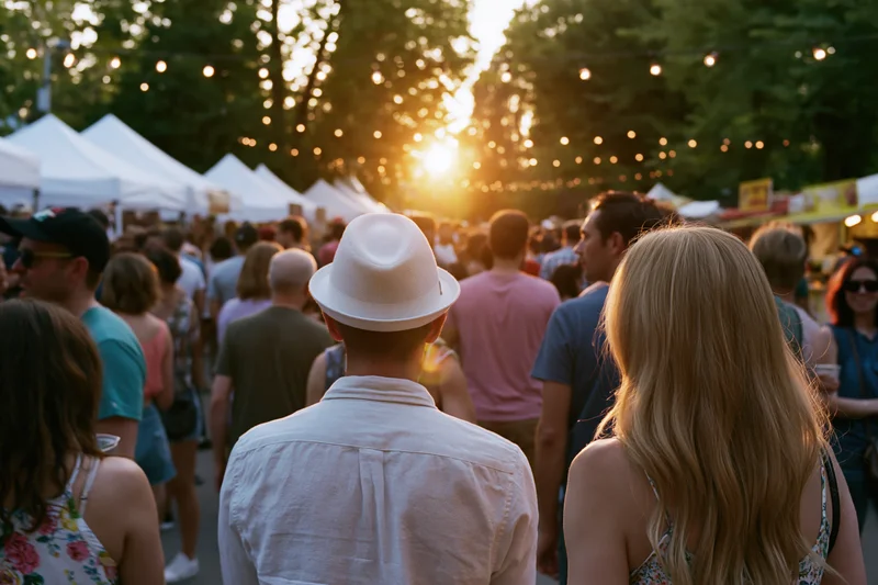 Crowd of adults walking through outdoor festival at sunset with string lights and tents