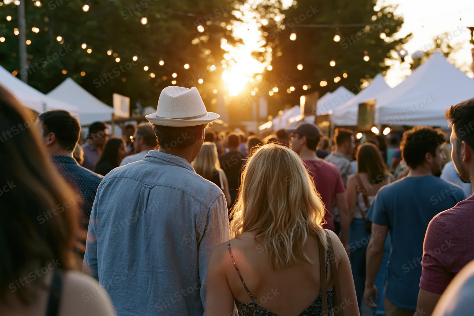Crowd of adults walking through outdoor festival at sunset with string lights and white tents