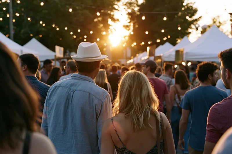 Crowd of adults walking through outdoor festival at sunset with string lights and white tents