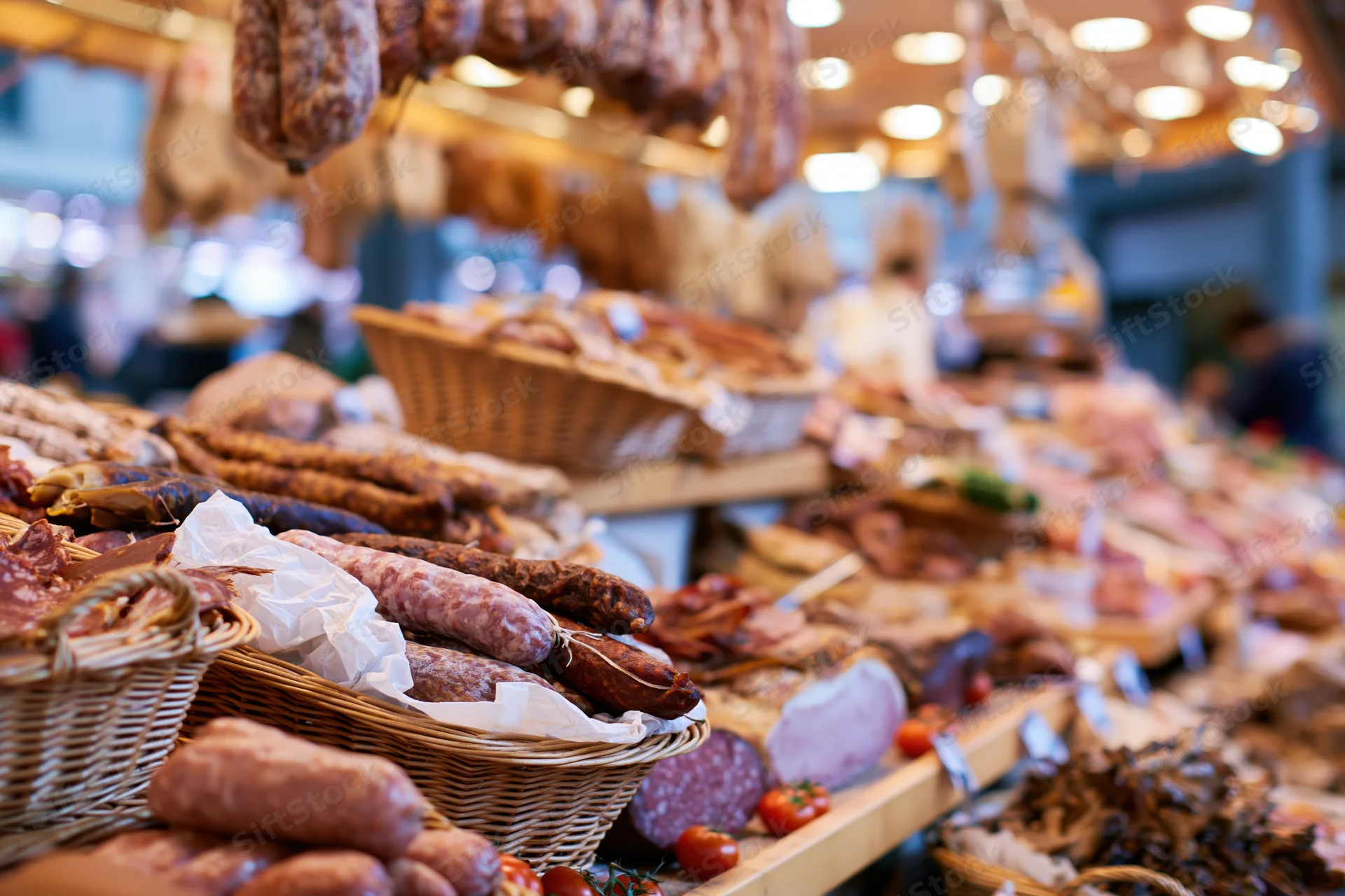 Cured meats displayed in baskets and on shelves at a European market stall