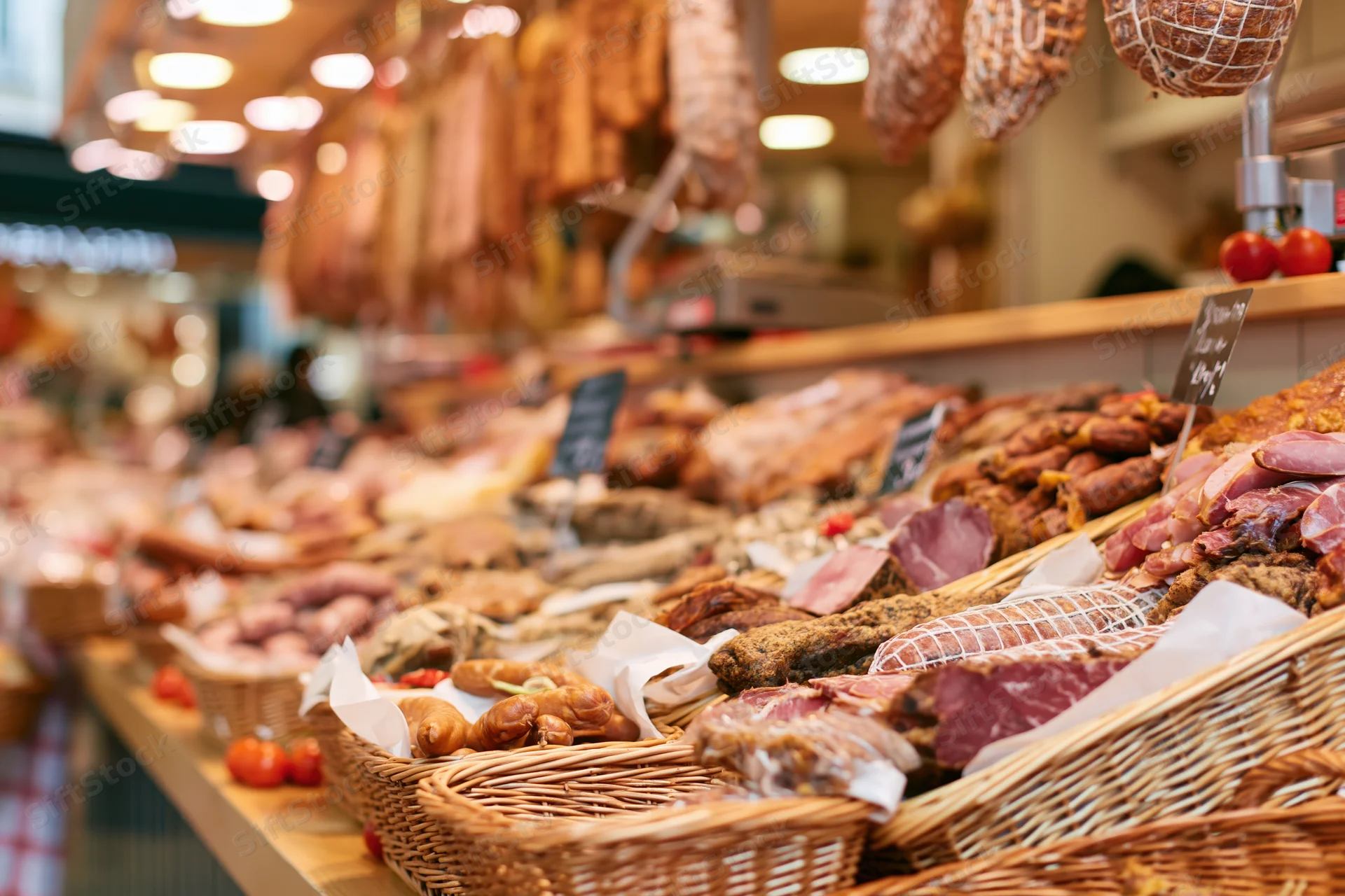 Cured meats arranged in wicker baskets on a deli counter with hanging sausages above