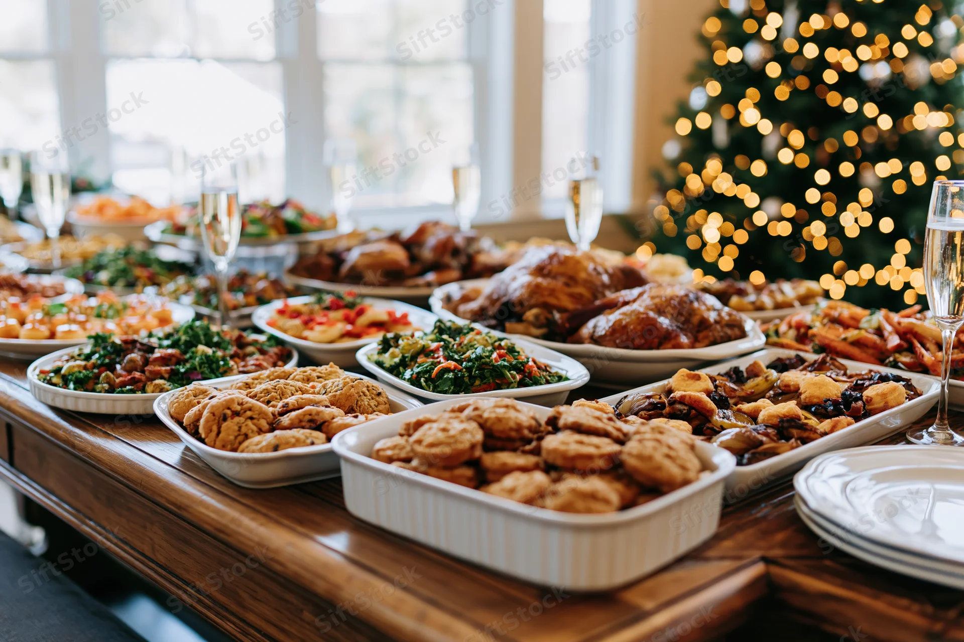 Holiday feast spread across a wooden dining table with roasted chicken, vegetables, cookies and champagne glasses, christmas tree in background