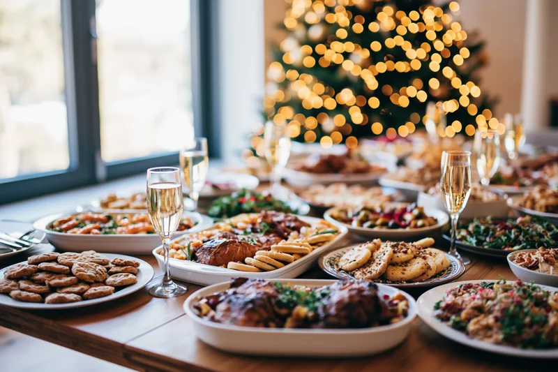 Holiday feast spread across a wooden dining table with plates of food and champagne glasses, christmas tree in background