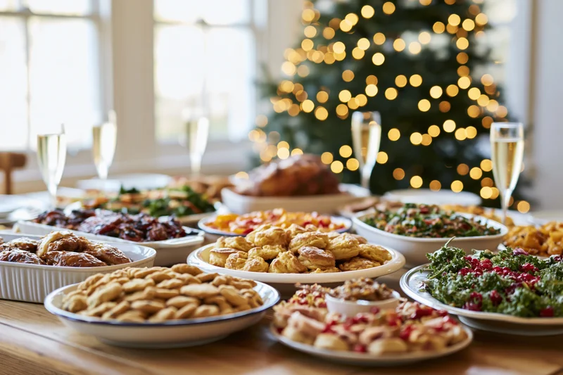 Holiday feast spread across a wooden dining table with dishes of food and champagne flutes, christmas tree in background