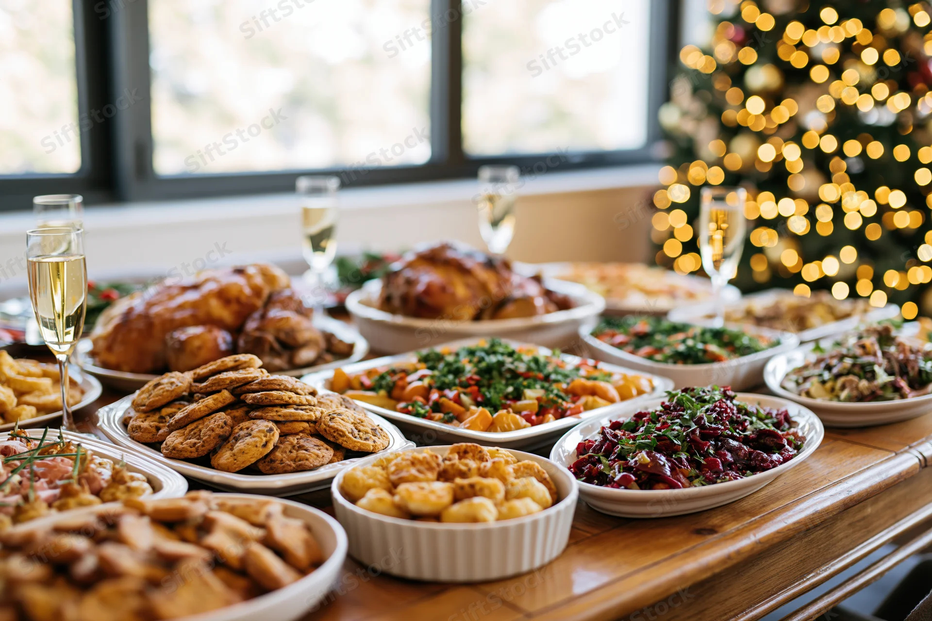 Holiday feast spread across a wooden dining table with roasted turkey, vegetables, cookies and champagne glasses, christmas tree in background