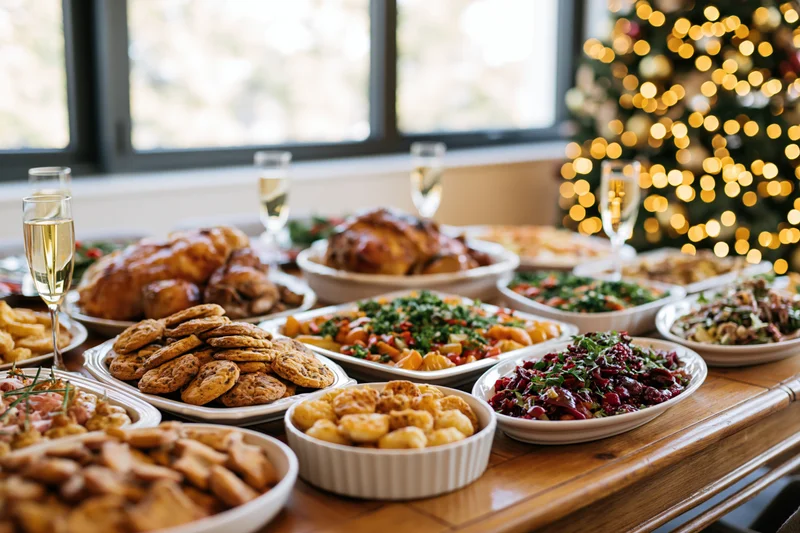 Holiday feast spread across a wooden dining table with roasted turkey, vegetables, cookies and champagne glasses, christmas tree in background