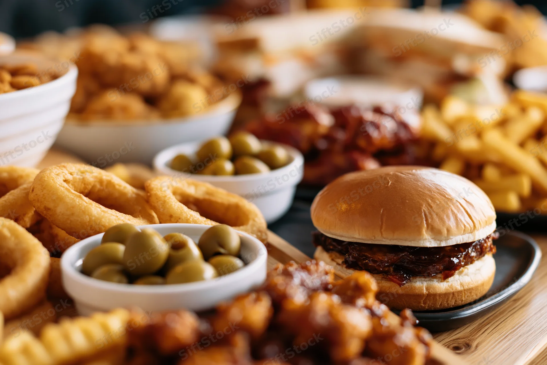 Burger on a black plate surrounded by onion rings, fries, olives and chicken wings on a wooden table