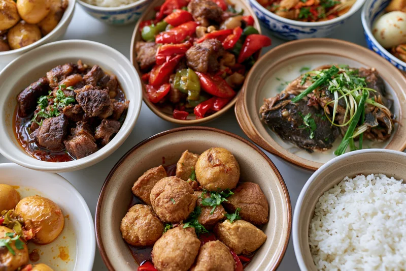 Multiple chinese home-style dishes served in ceramic bowls on a table with rice and garnishes