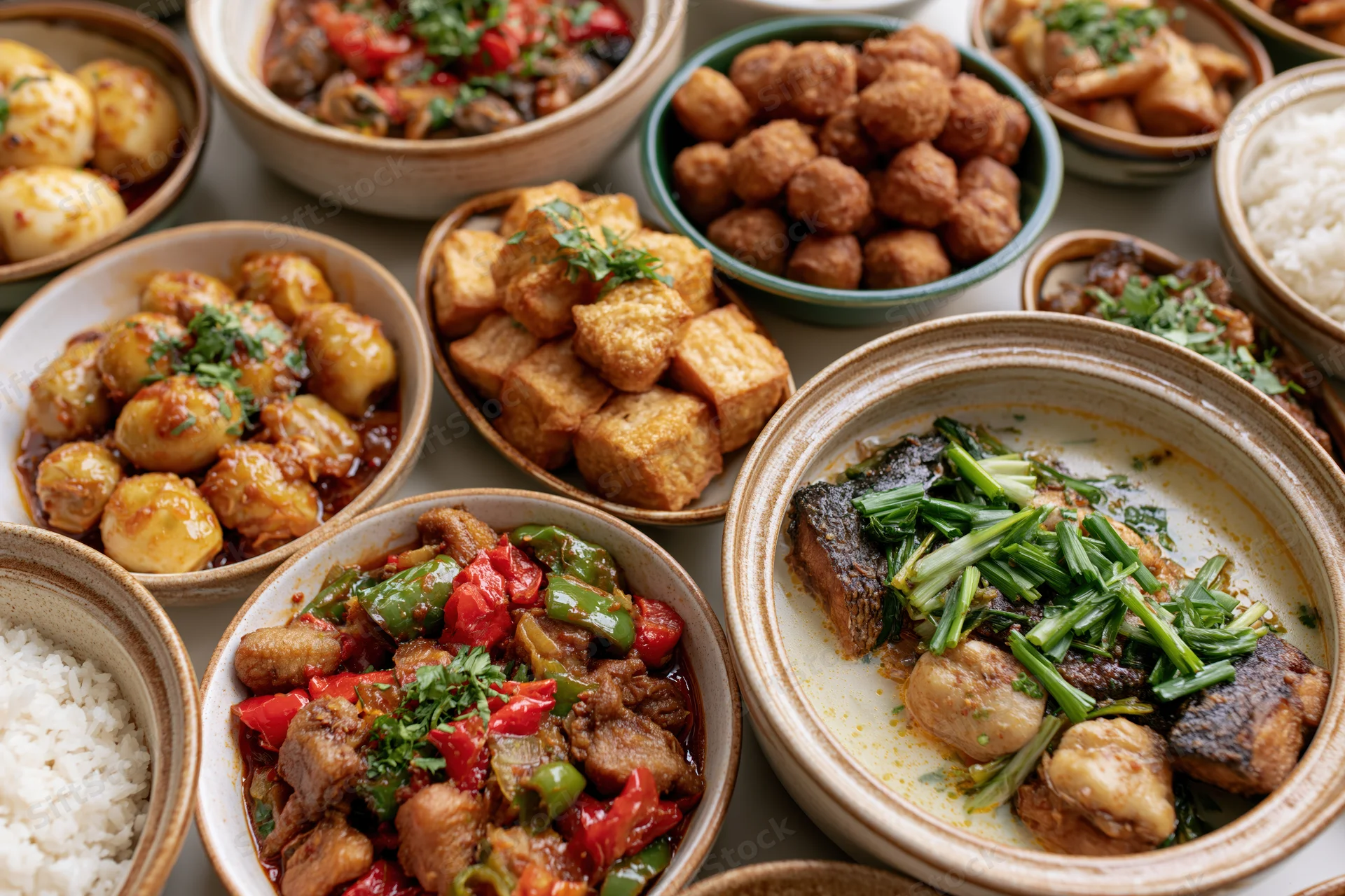 Multiple chinese home-style dishes served in ceramic bowls on a table