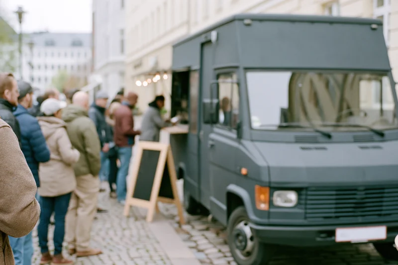 Customers waiting in line at a dark grey food truck on a cobblestone street