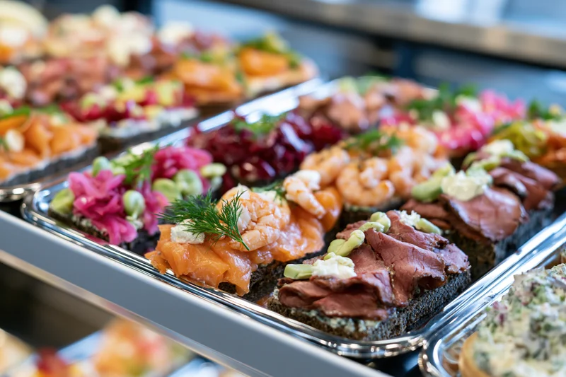 Danish openfaced sandwiches smorrebrod arranged on silver trays in a buffet display