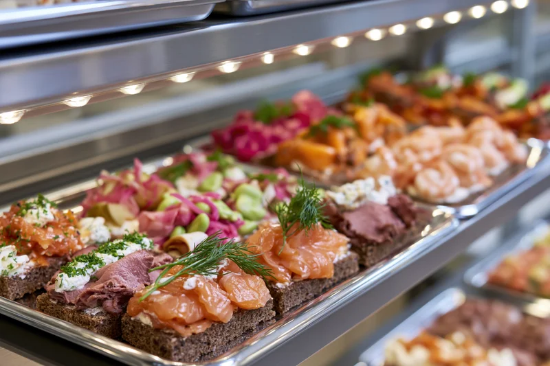 Danish openfaced sandwiches smorrebrod arranged on silver trays in a buffet display