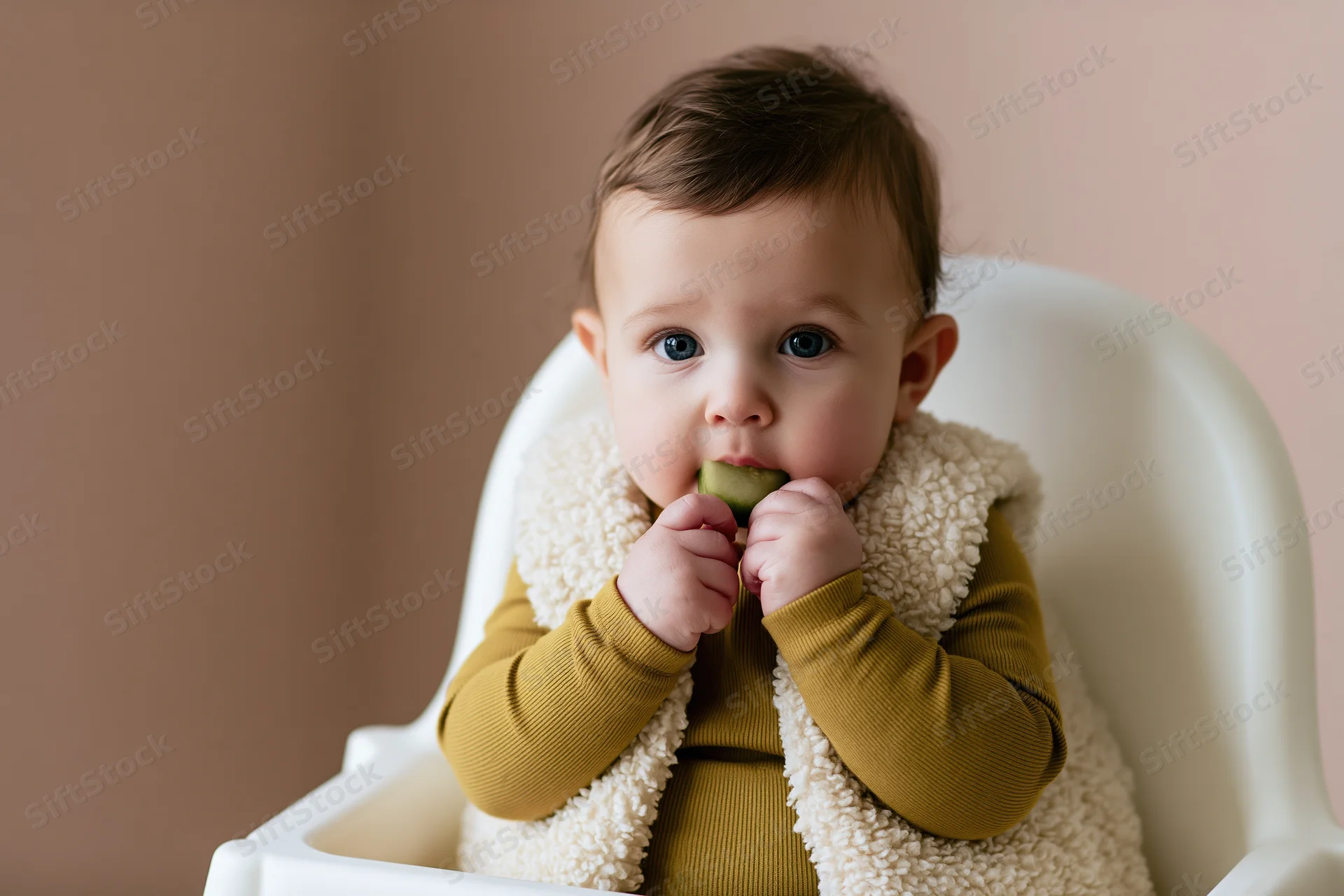 Baby sitting in highchair chewing cucumber slice, wearing fleece vest over long-sleeve shirt, looking at camera